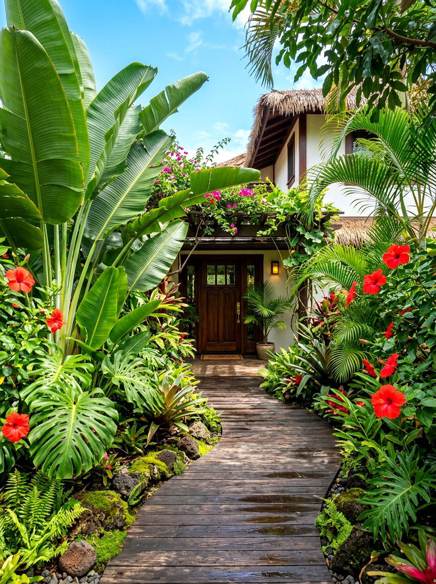 Tropical Entryway Garden - 30 front entry landscaping ideas