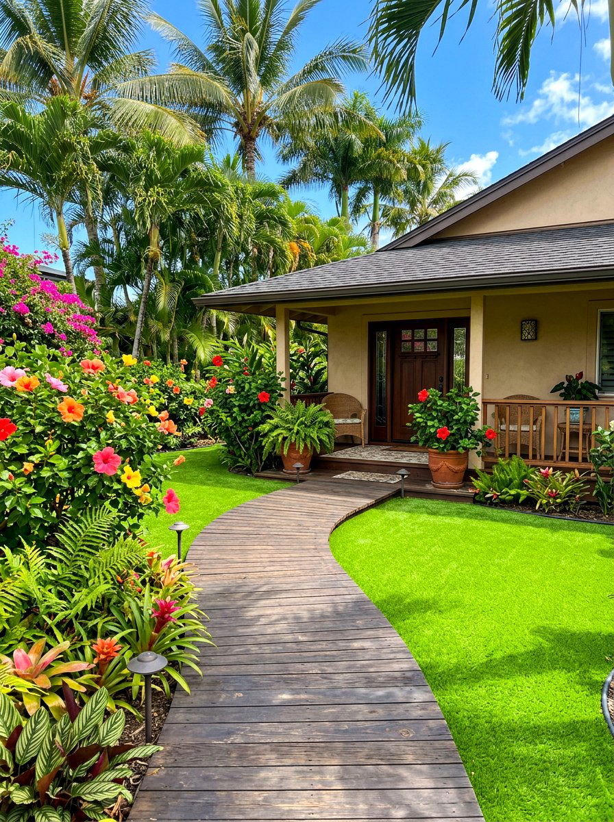Tropical Entryway Oasis - 30 artificial grass front yard ideas