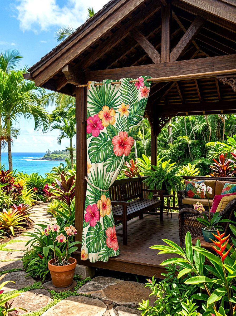 Tropical Floral Outdoor Curtain - 30 gazebo curtain ideas