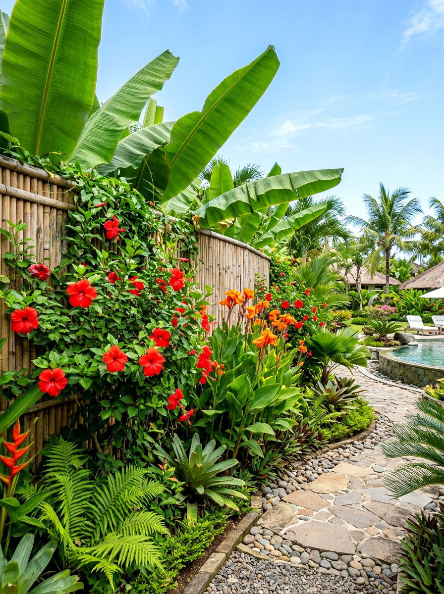 Tropical Foliage Fence Line - 30 fence line flower bed ideas