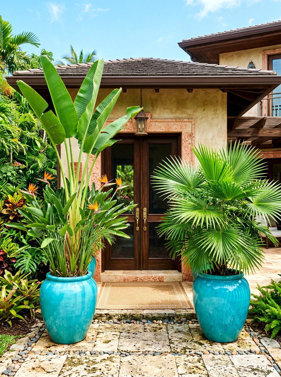 Tropical Front Entrance Plant Arrangement - 30 front stoop garden ideas