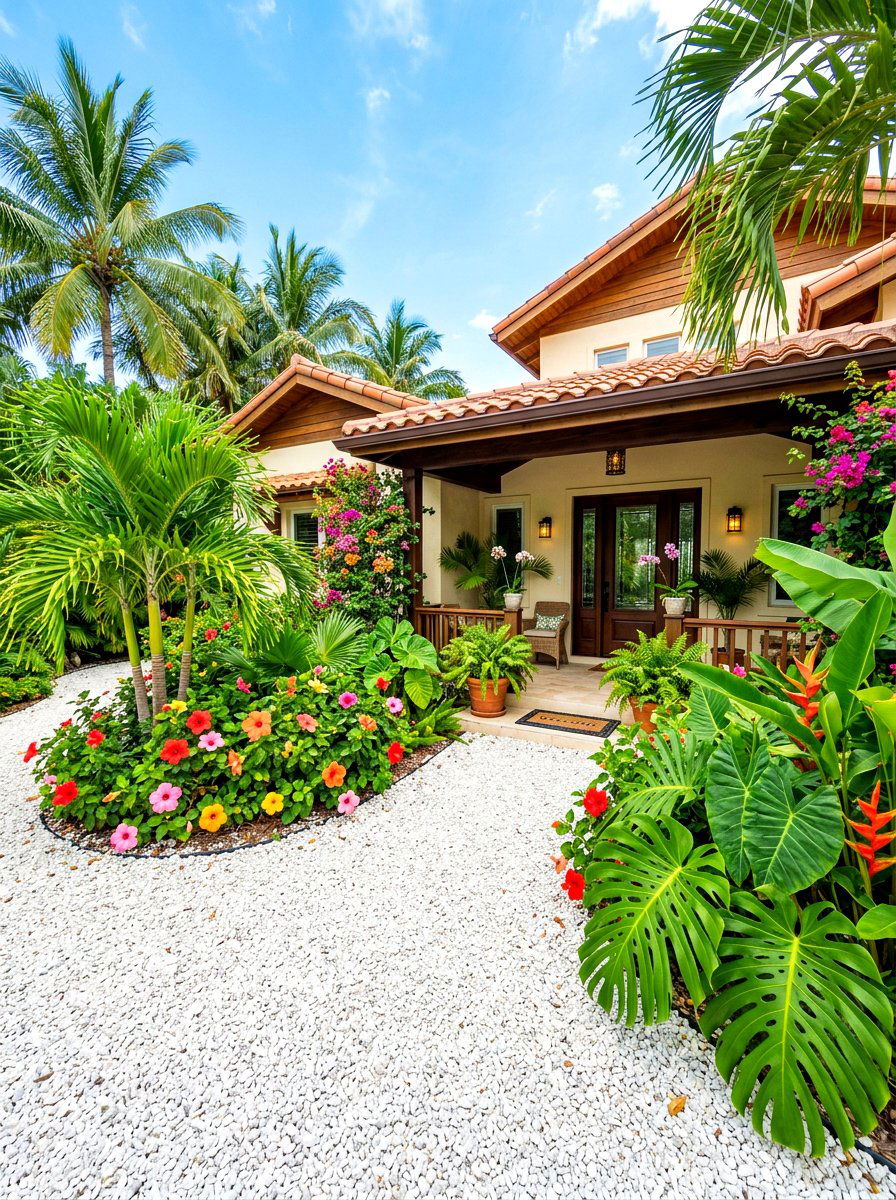 Tropical Front Yard Landscaping - 30 white gravel front yard ideas