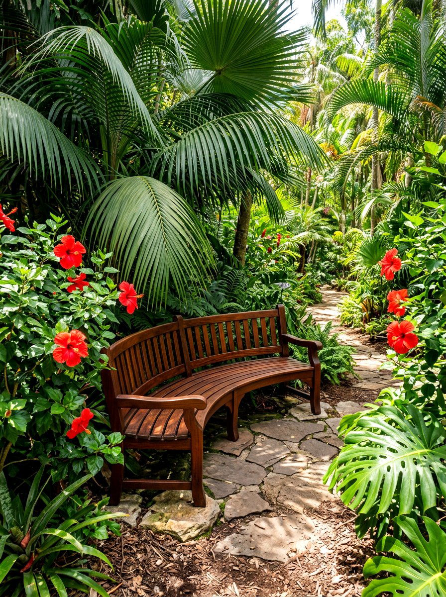 Tropical Garden With Curved Wooden Bench - 30 curved bench garden ideas