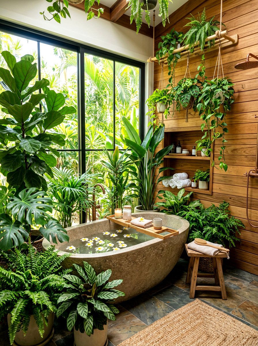 Tropical Greenery In Spa Bathroom - 30 sauna inspired bathroom ideas