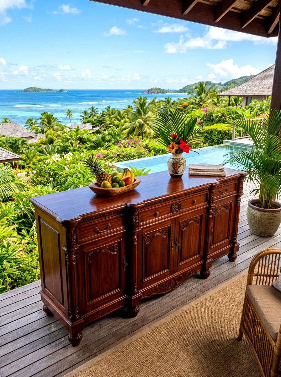 Tropical Hardwood Buffet - 30 outdoor buffet table ideas