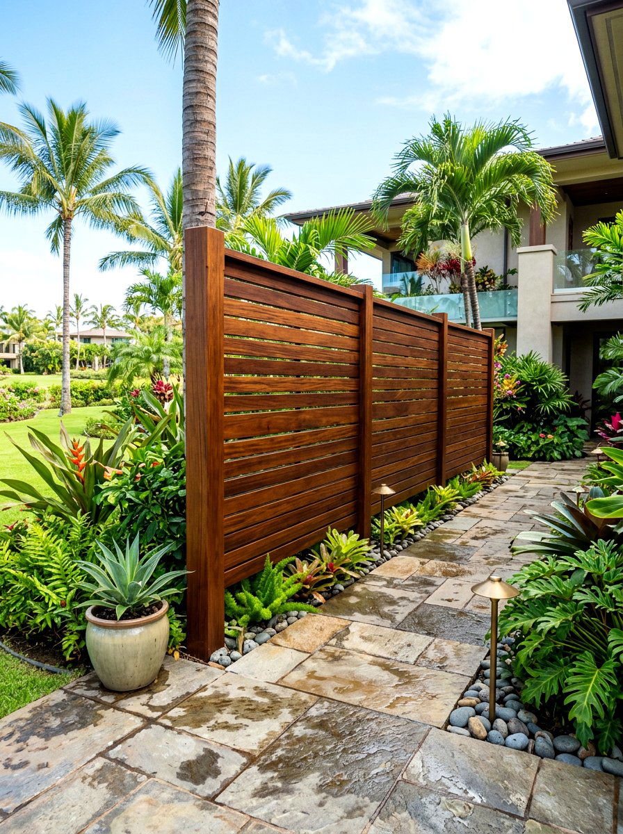 Tropical Hardwood Privacy Screen - 30 slatted privacy wall ideas