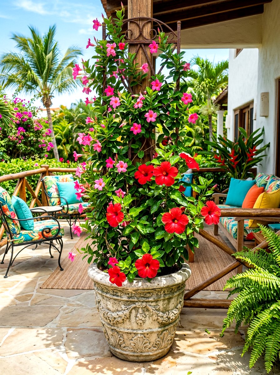 Tropical Hibiscus and Vines - 30 porch planter arrangement ideas for summer