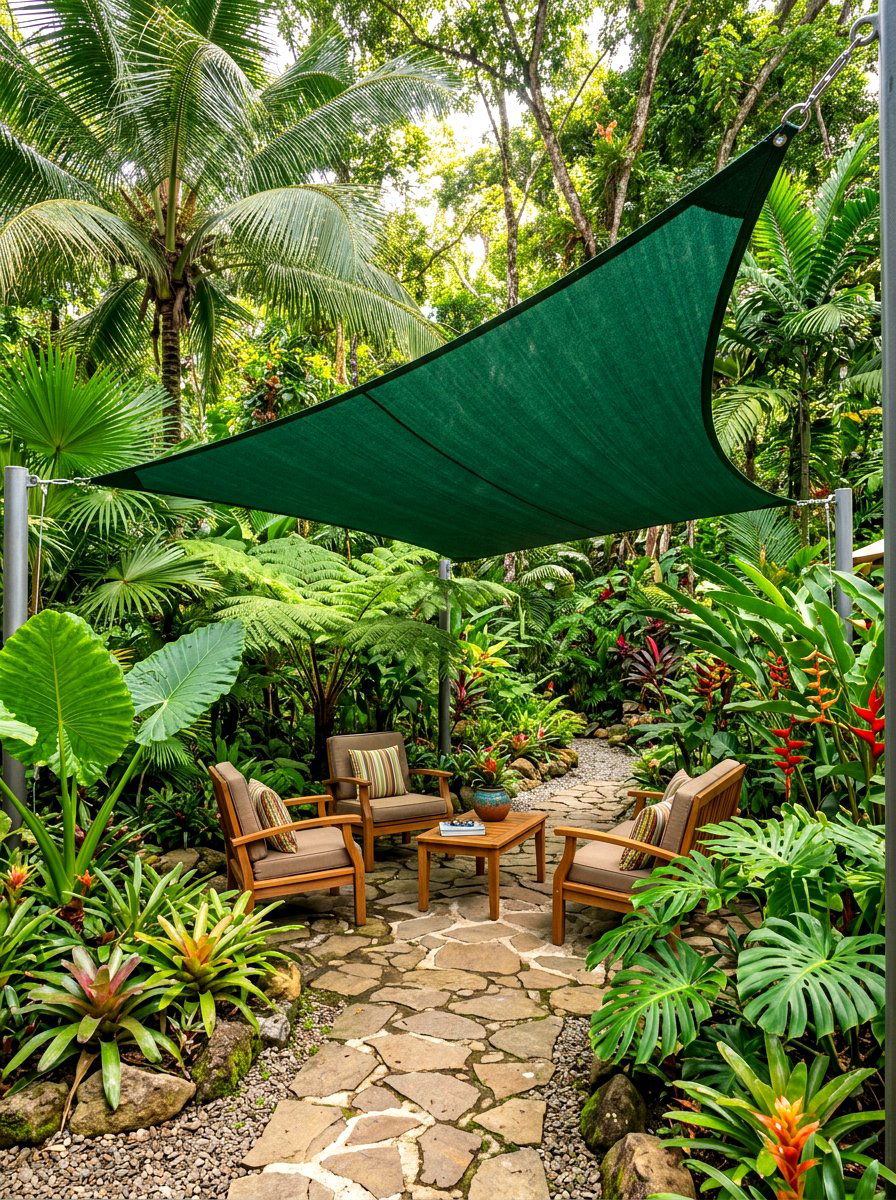 Tropical Jungle Backyard Shade Sail - 30 sun sail patio ideas