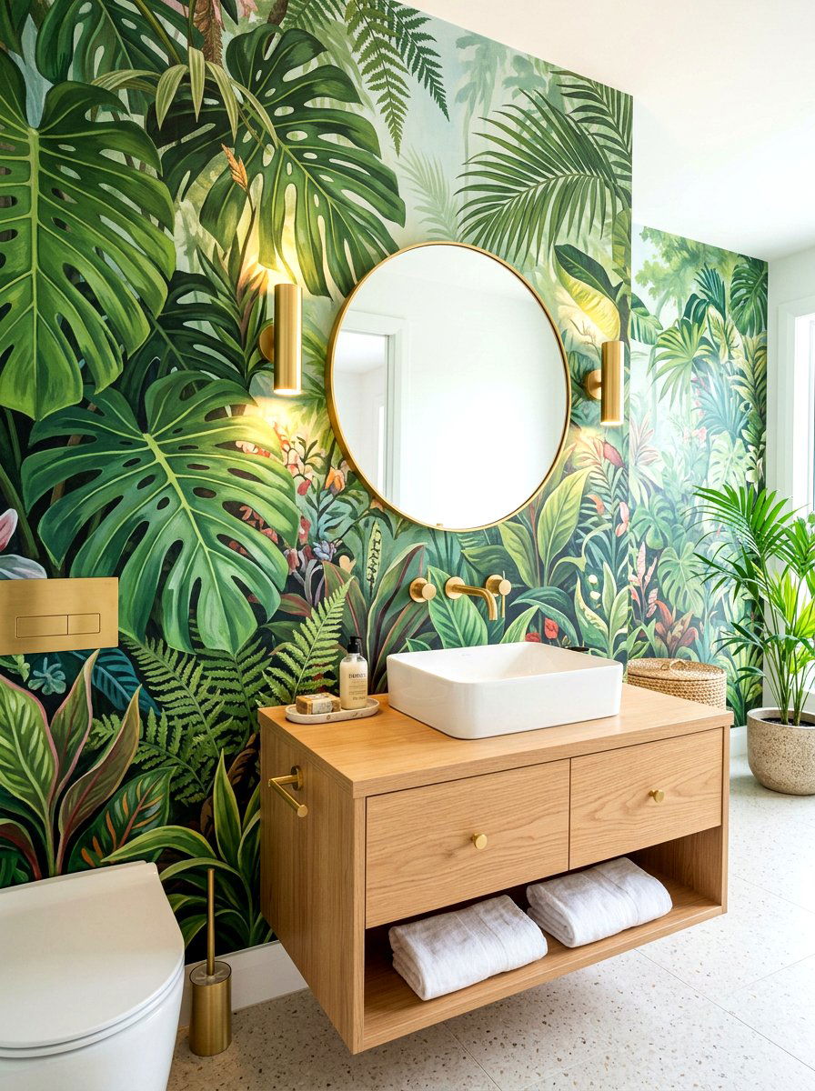 Tropical Jungle Scene Mural - 30 landscape mural powder room ideas