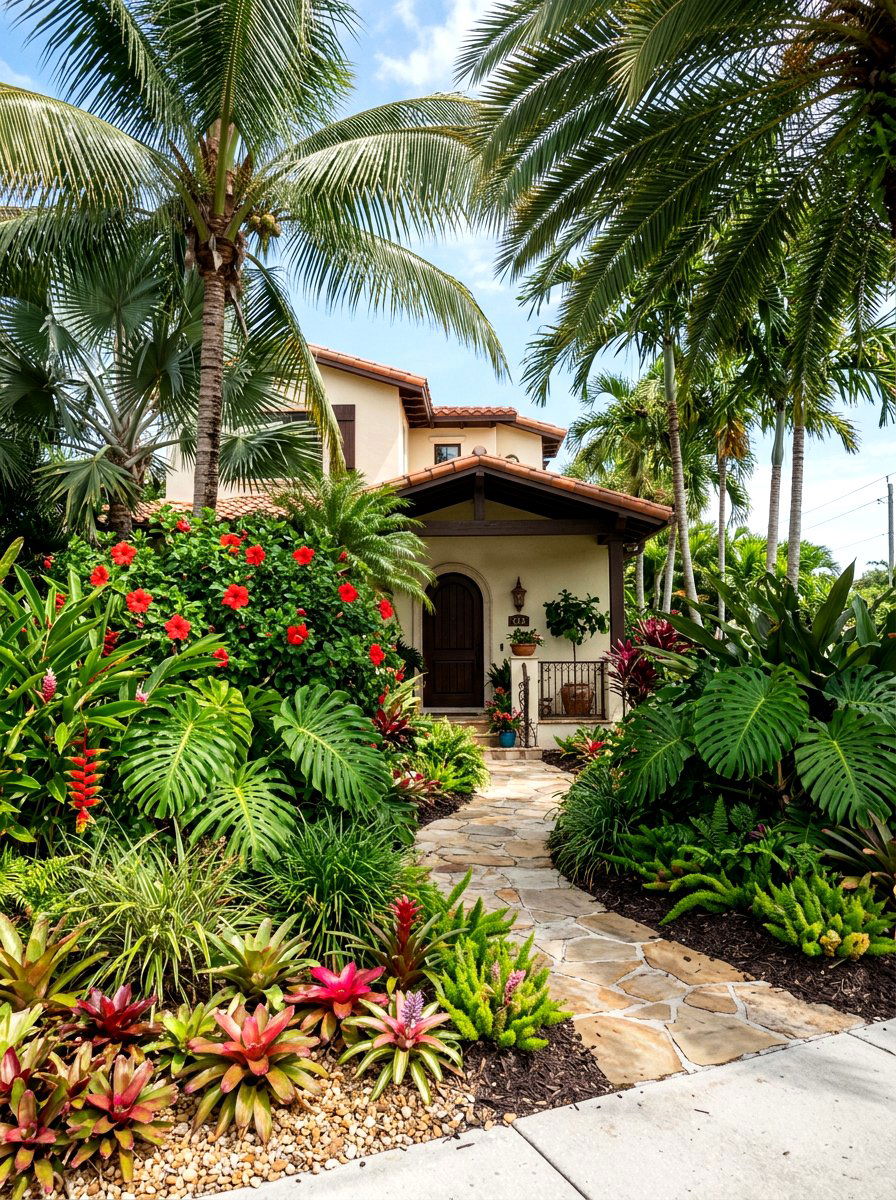 Tropical Layered Curb Appeal - 30 layered front yard landscaping ideas
