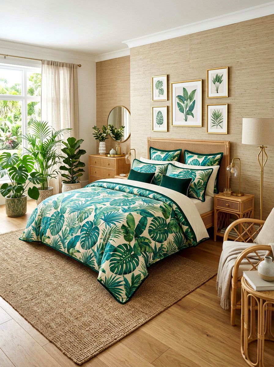 Tropical Leaf Bedding With Green Piping - 30 piped bedding bedroom ideas