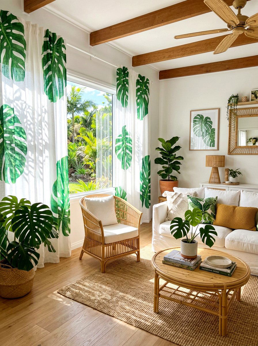 Tropical Leaf Curtains - 30 statement drapes living room ideas