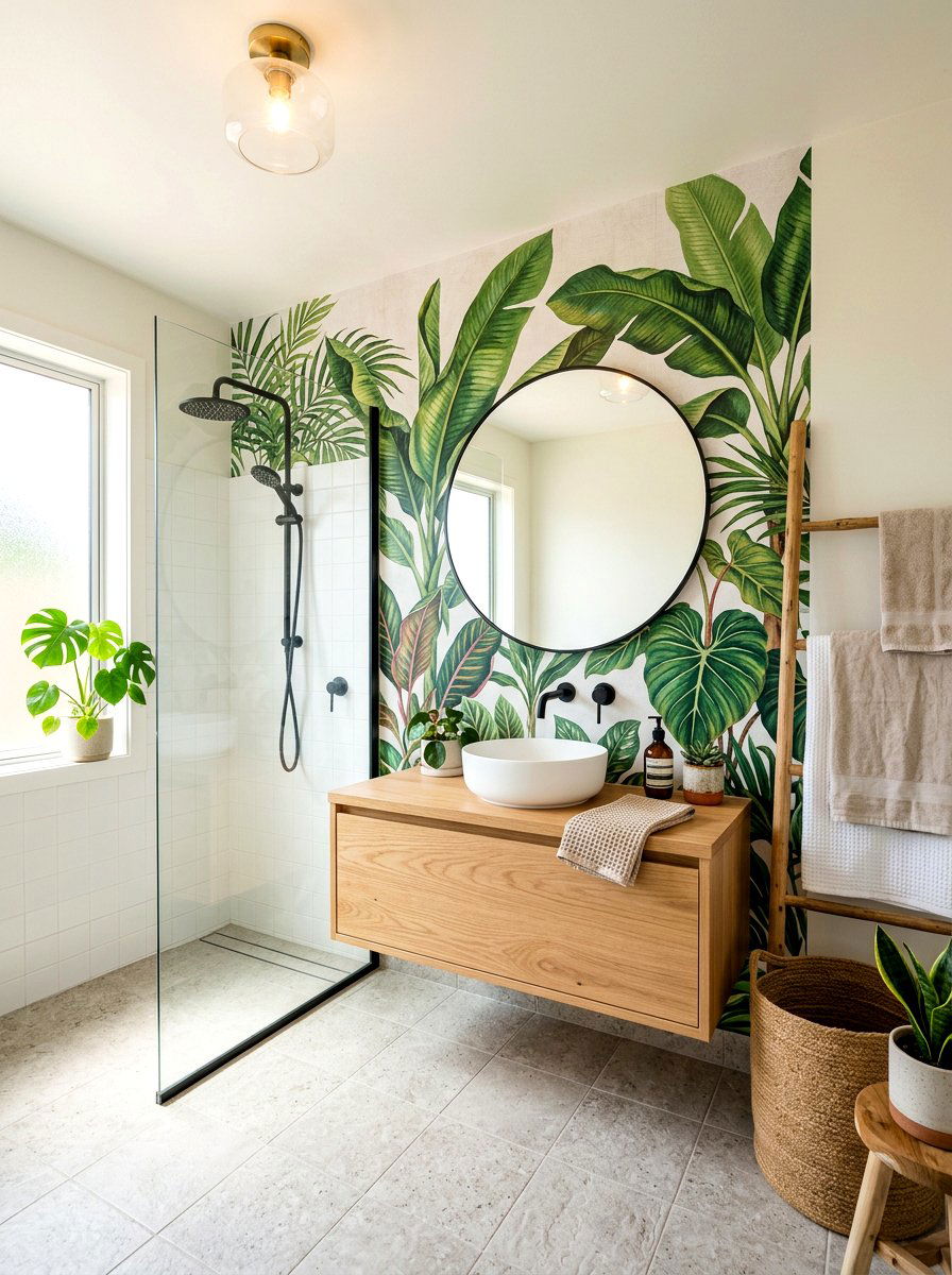 Tropical Leaf Mural Bathroom - 30 murals in powder room ideas