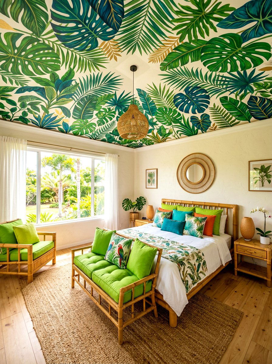 Tropical Leaf Mural - 30 ceiling wallpaper bedroom ideas