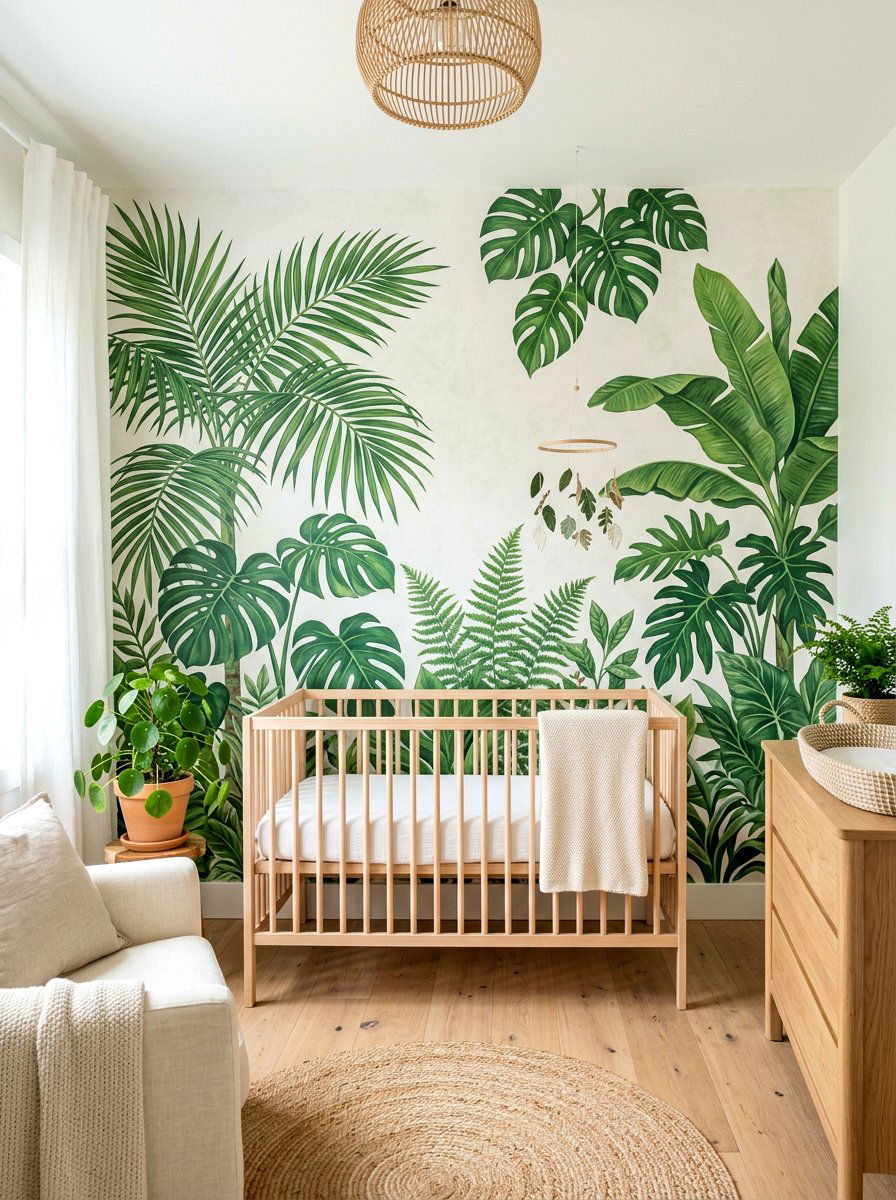 Tropical Leaf Nursery Mural - 30 safari wall mural nursery ideas