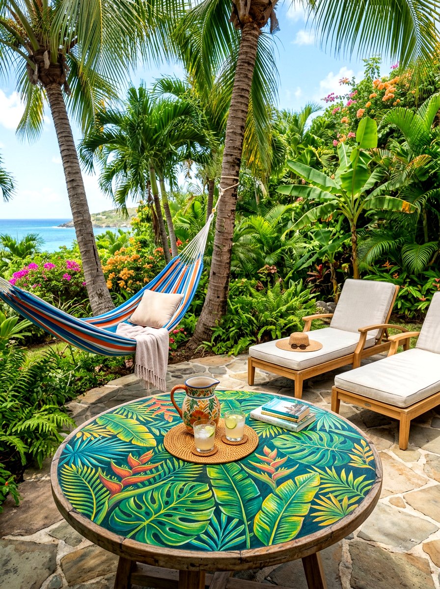 Tropical Leaf Pattern Table - 30 porch skirted table ideas