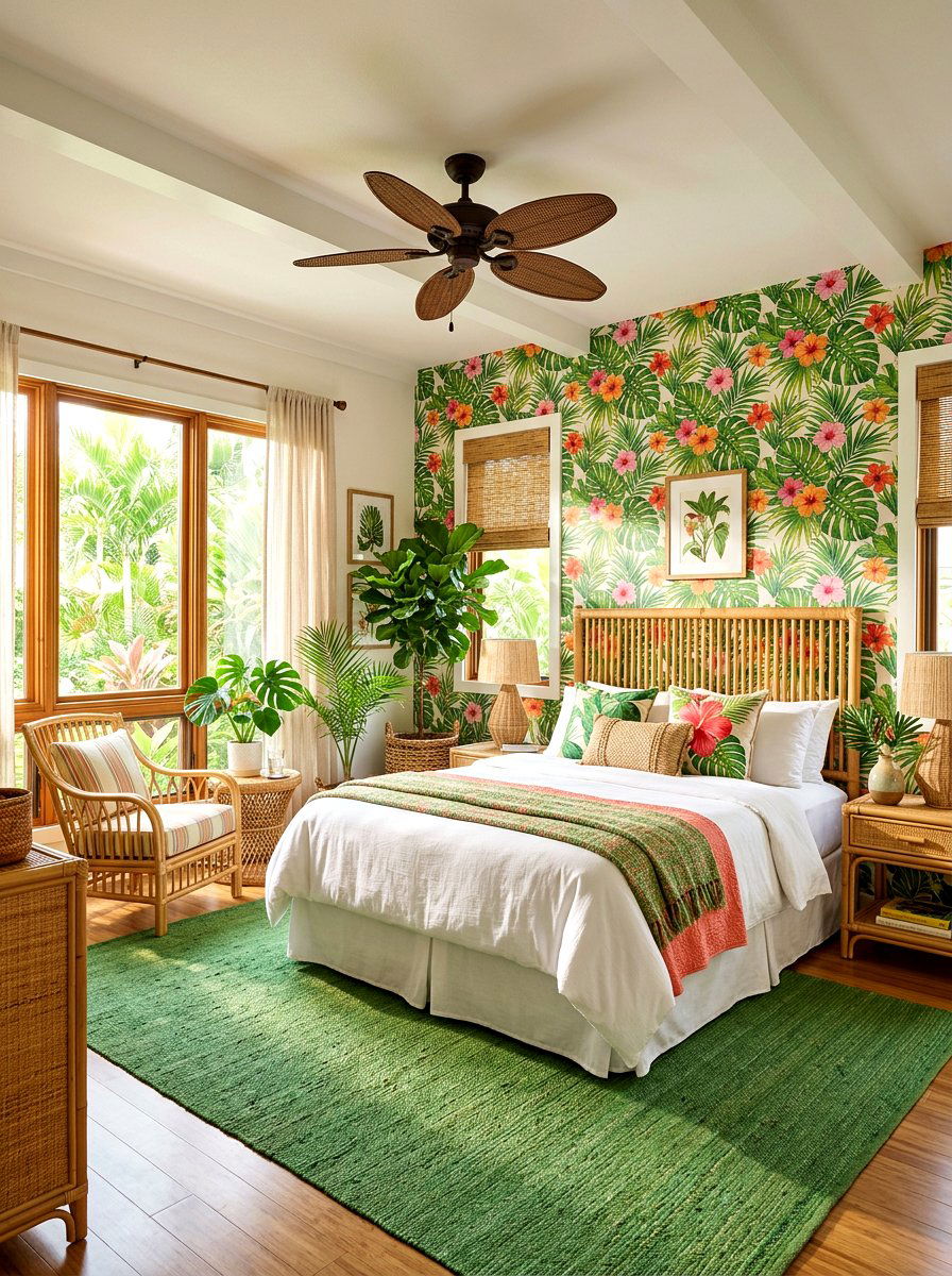 Tropical Leaf Pattern - 30 romantic floral bedroom ideas