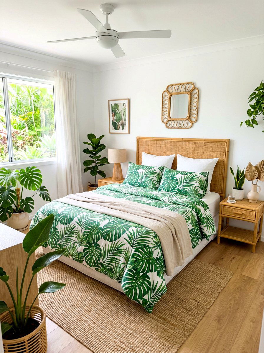 Tropical Leaf Print Bed - 30 cozy bedscape ideas
