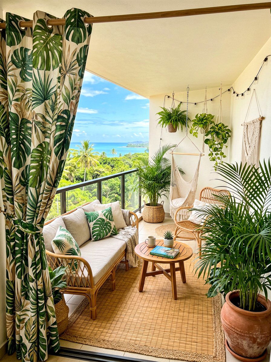 Tropical Leaf Print Curtains - 30 balcony privacy curtain ideas aesthetic