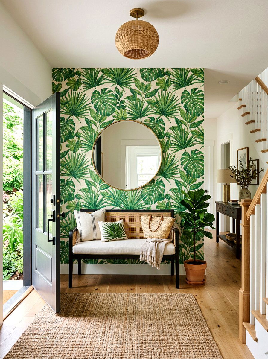 Tropical Leaf Print Entryway - 30 wallpaper decor ideas