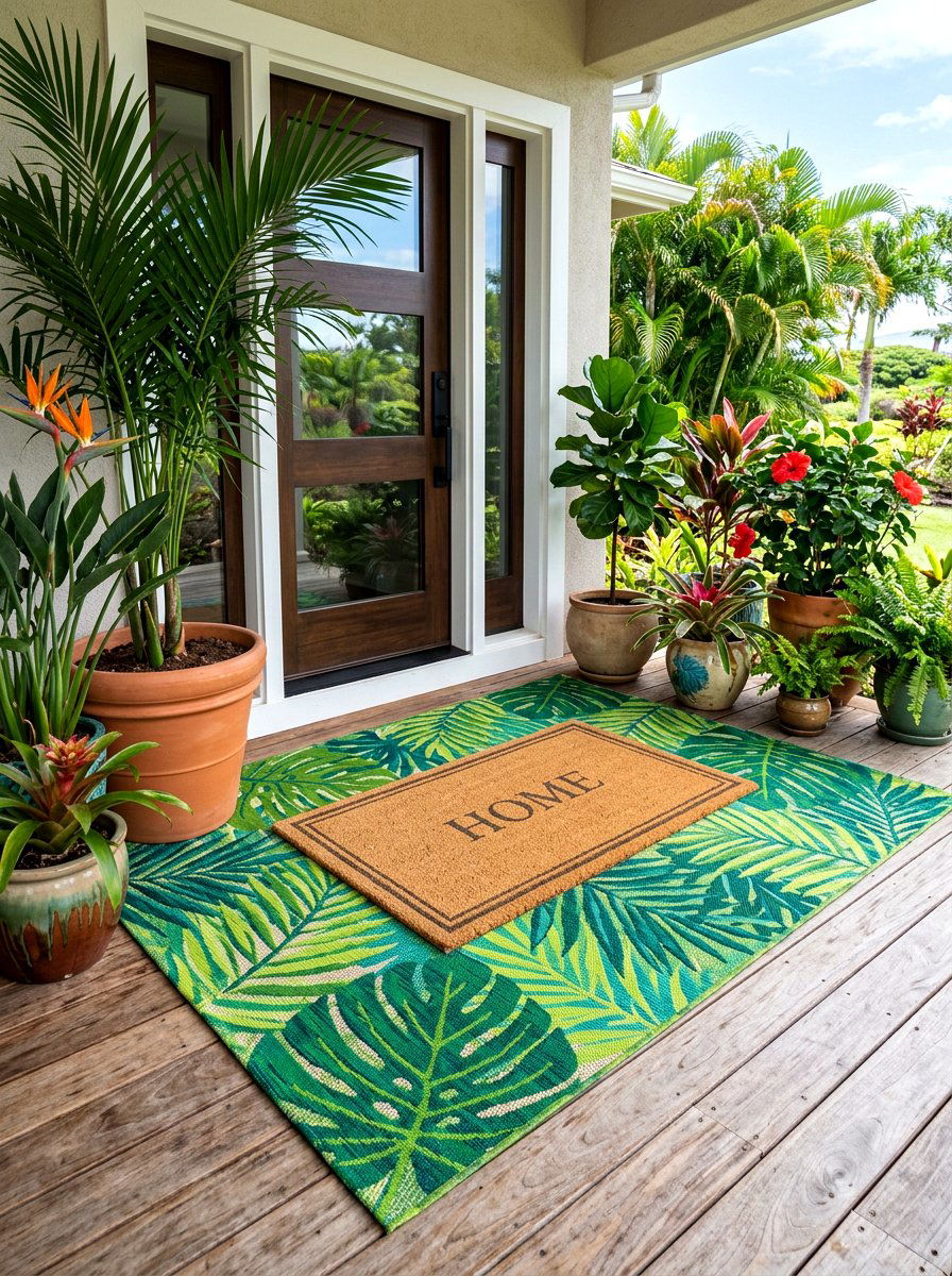 Tropical Leaf Print Layered Mat - 30 layered doormat porch ideas