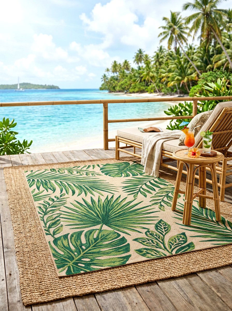 Tropical Leaf Rug Layering Style - 30 outdoor rug layering ideas