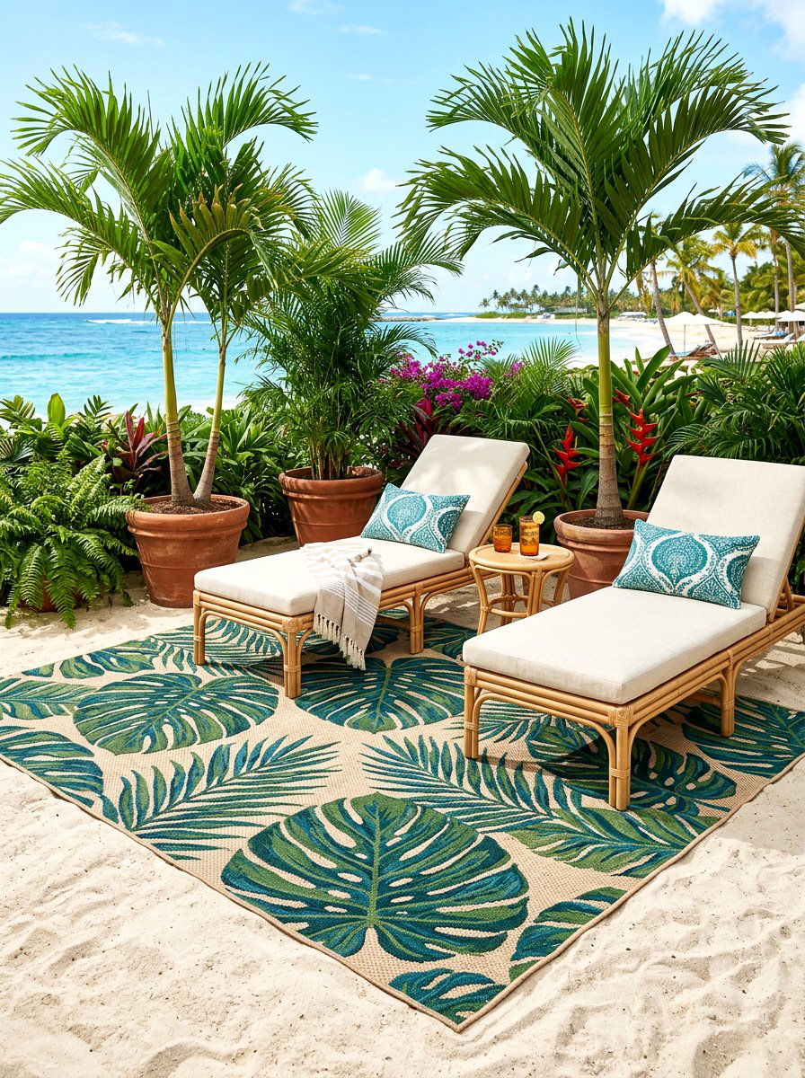 Tropical Leaf Rug Over Sand Color Base - 30 layered outdoor rug ideas