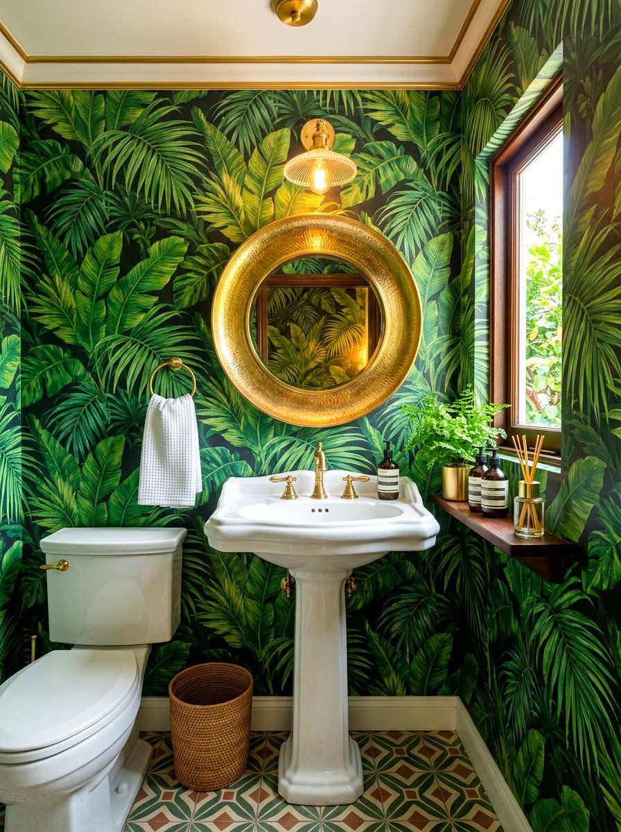Tropical Leaf Wallpaper - 30 seaside bathroom ideas