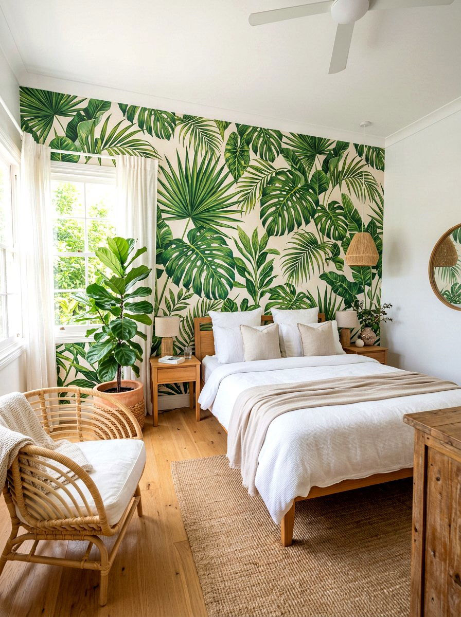 Tropical Leaf Wallpaper - 30 summer bedroom decor ideas