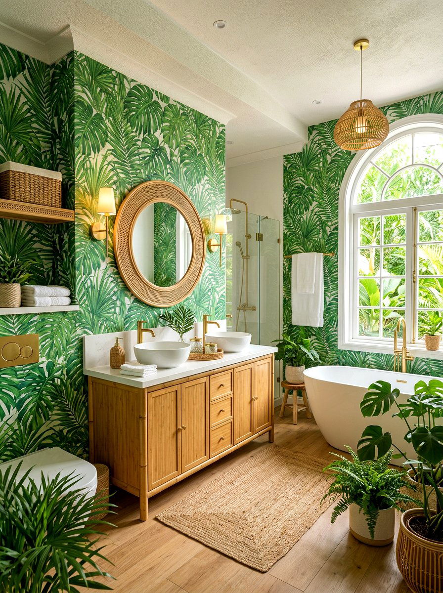 Tropical Leaf Wallpaper Bathroom - 30 eclectic bathroom ideas