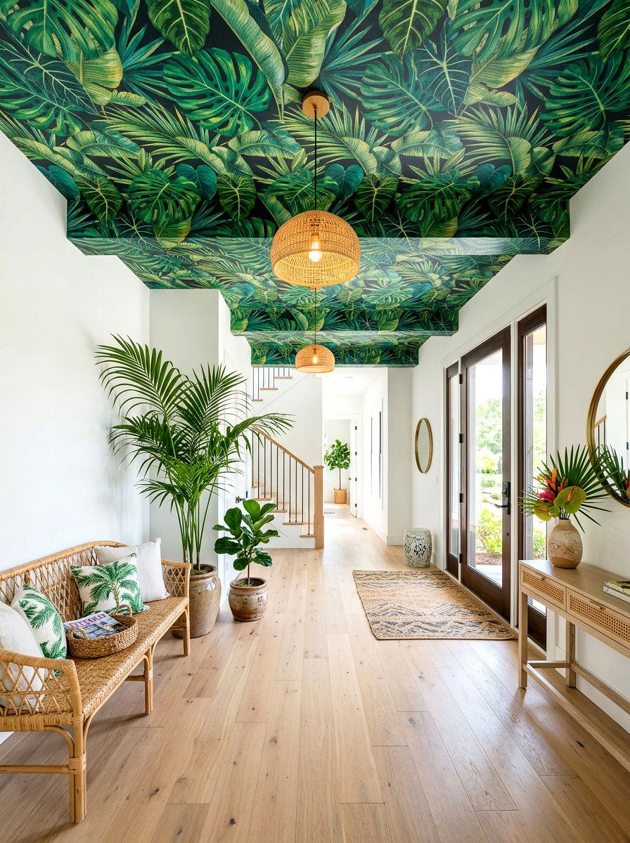 Tropical Leaf Wallpaper Foyer - 30 wallpapered foyer ceiling ideas