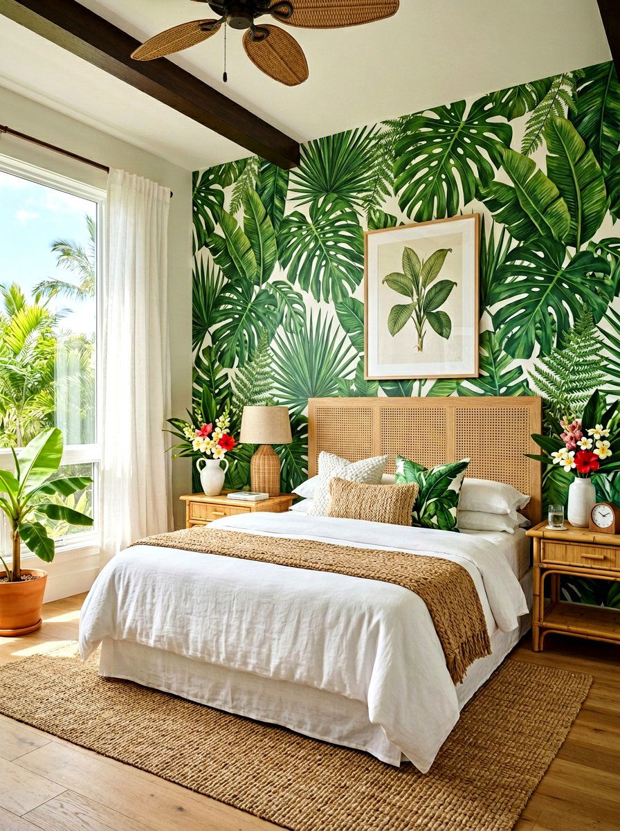 Tropical Leaf Wallpaper - 30 bedroom wallpaper accent ideas