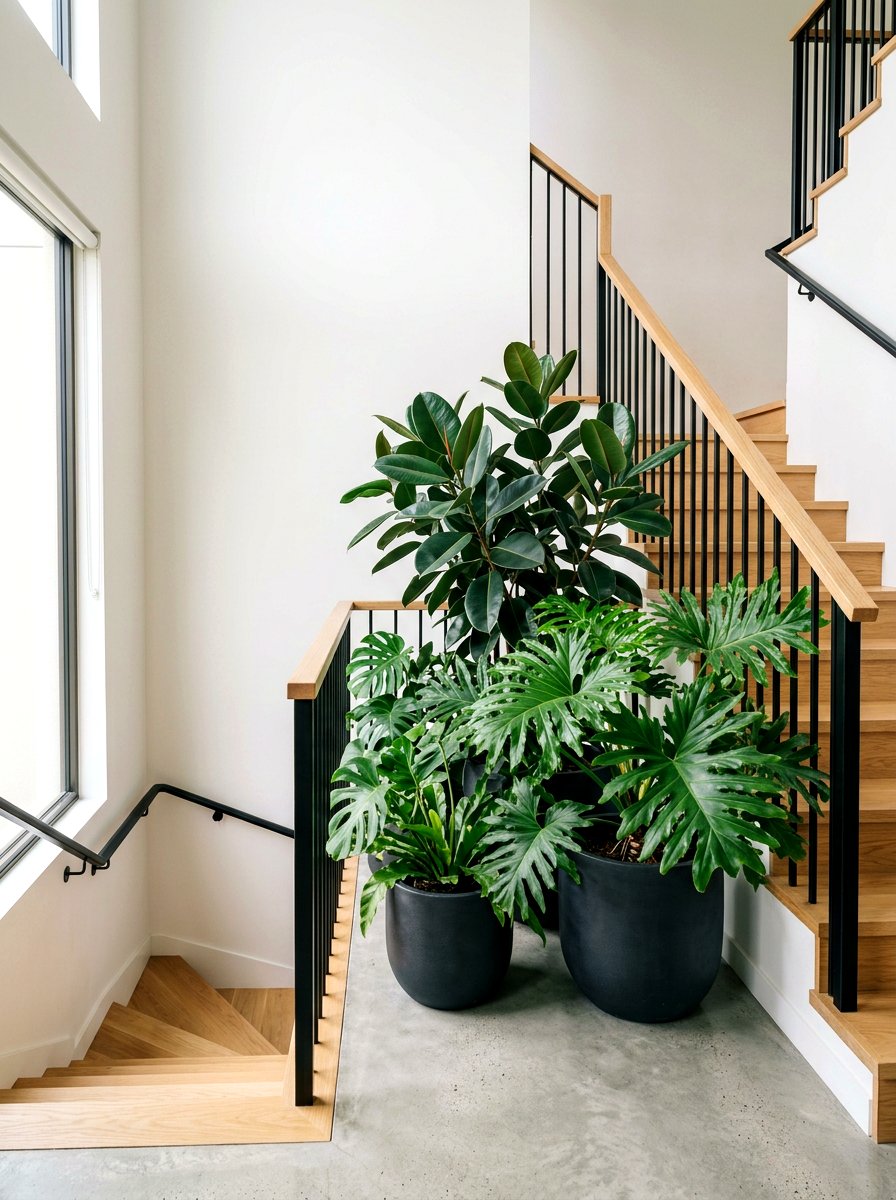 Tropical Leafy Stairwell Corner - 30 stair landing plant nook ideas
