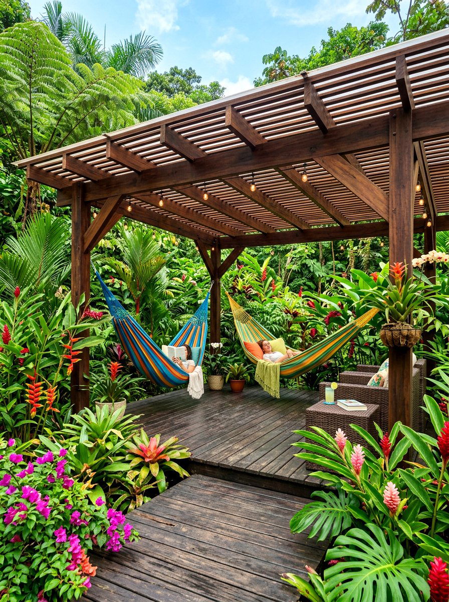 Tropical Louvered Pergola Retreat - 30 louvered pergola patio ideas