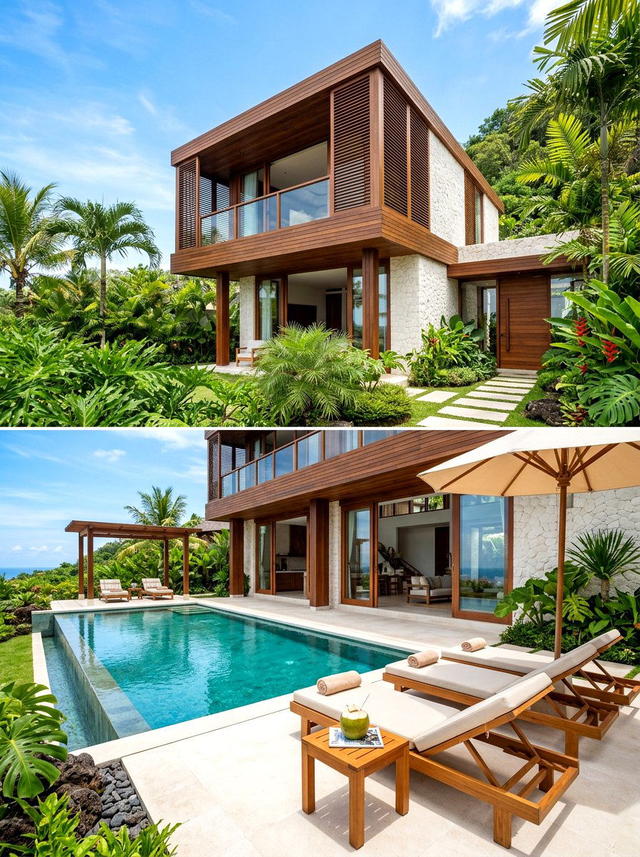 Tropical Modern Wood And Coral Stone - 30 stone and wood exterior ideas