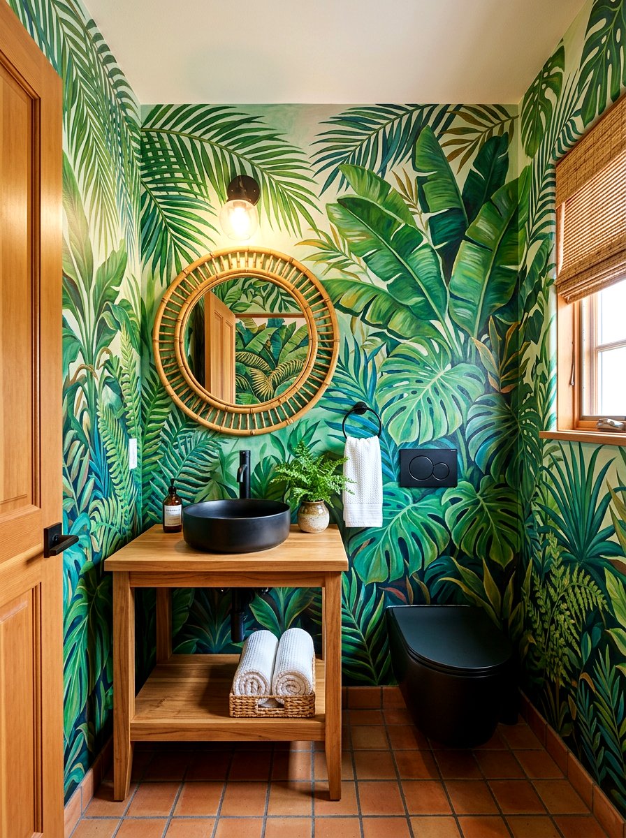 Tropical Mural Powder Room - 30 opulent powder room ideas