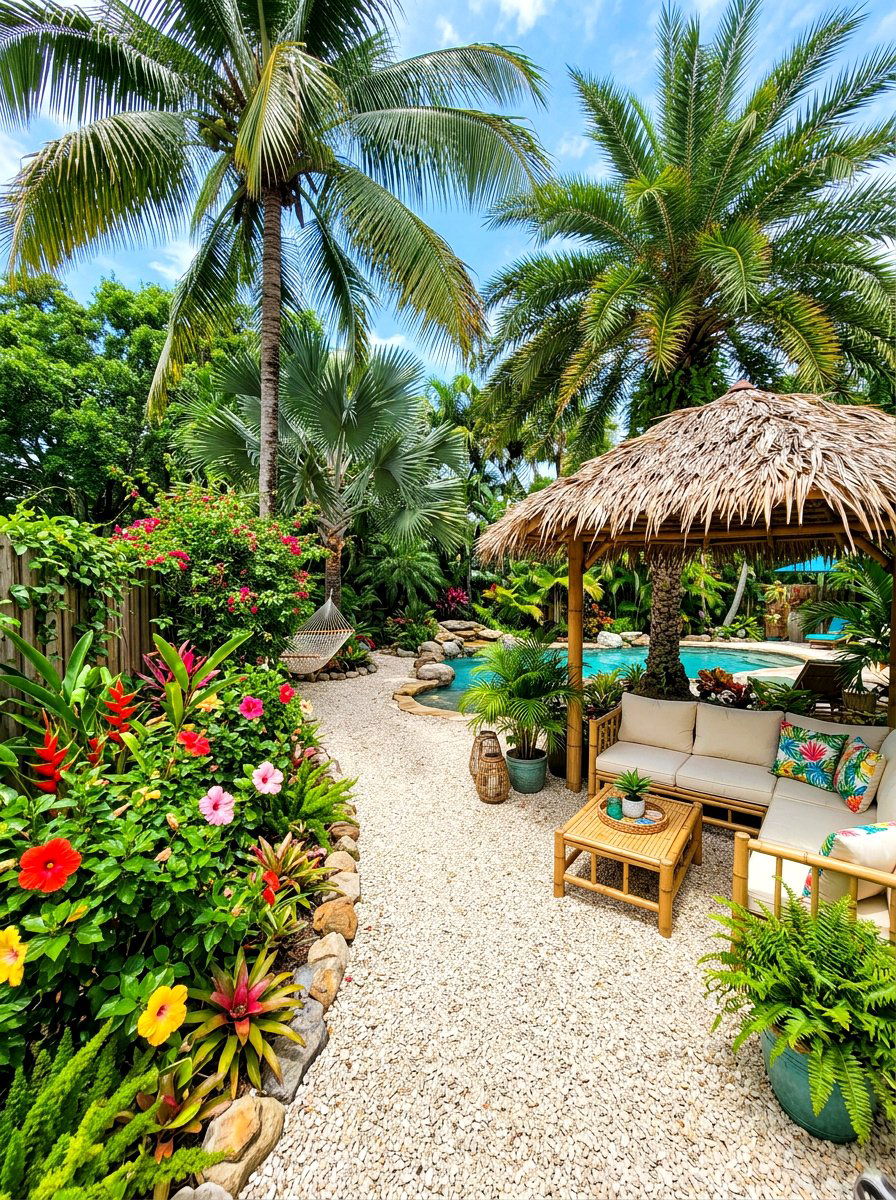 Tropical Oasis Backyard - 30 pea gravel patio ideas