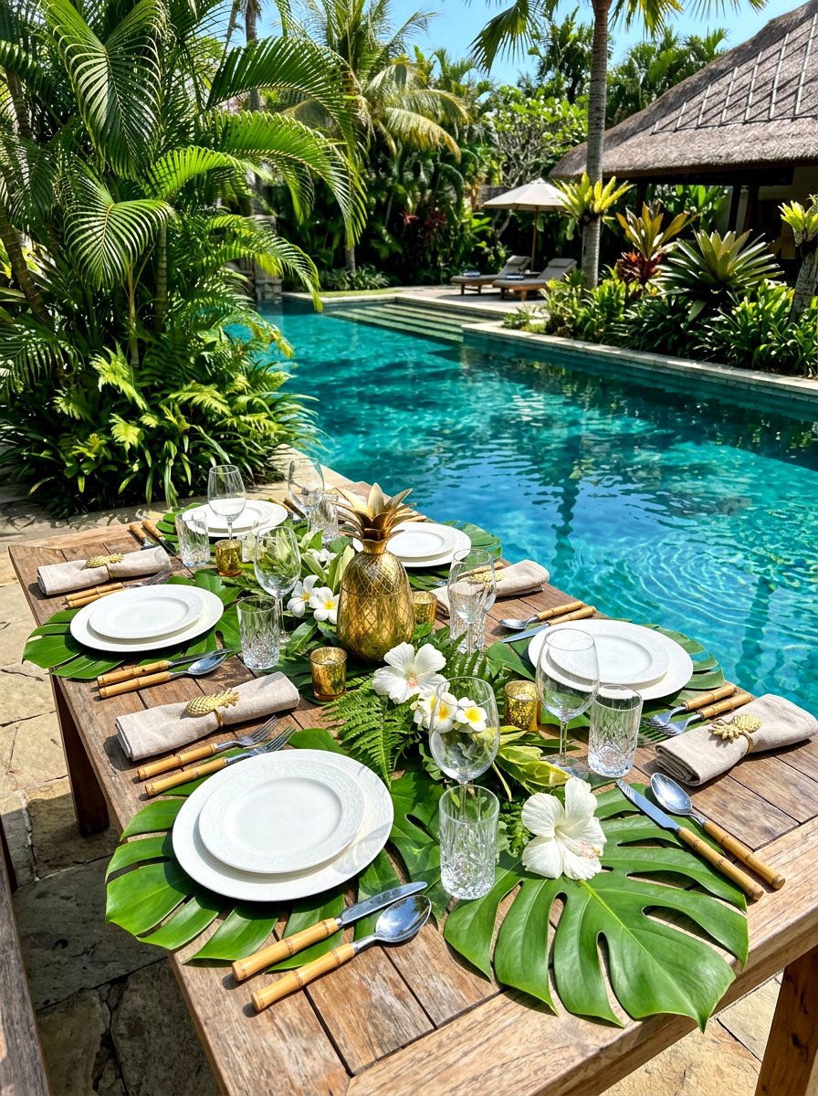 Tropical Palm Leaf Decor - 30 pool party tablescape ideas