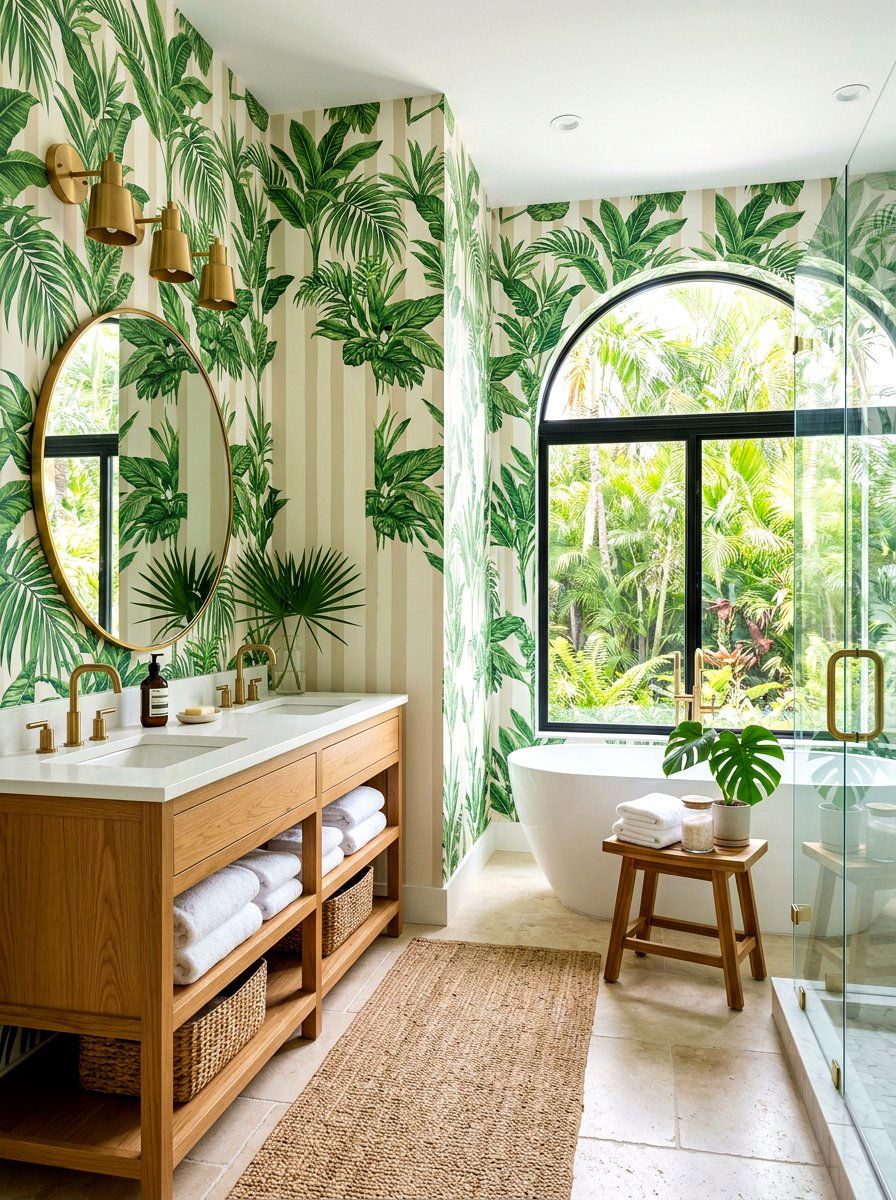 Tropical Palm Leaf Stripe Bathroom - 30 striped bathroom wallpaper ideas