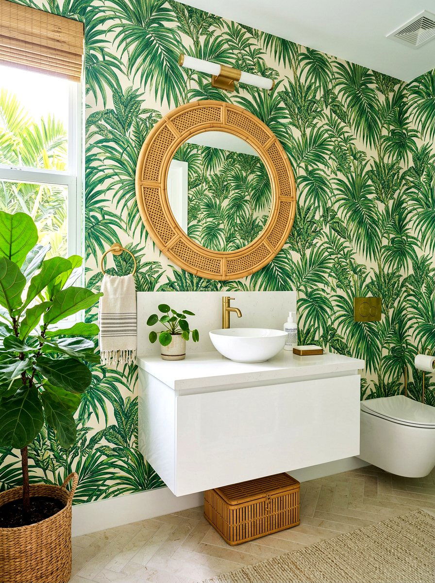 Tropical Palm Wallpaper - 30 wallpapered powder room ideas