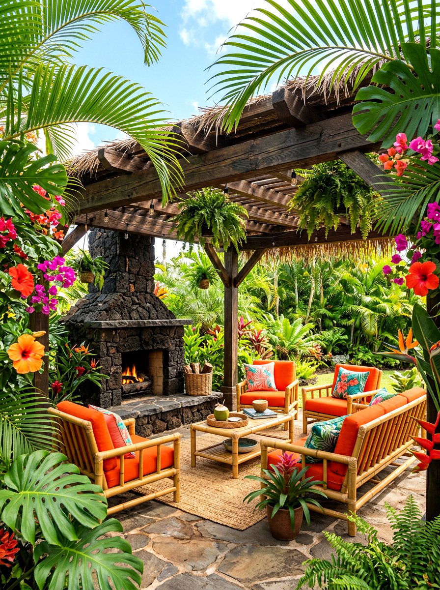 Tropical Pergola Lava Rock Fireplace - 30 pergola with fireplace ideas