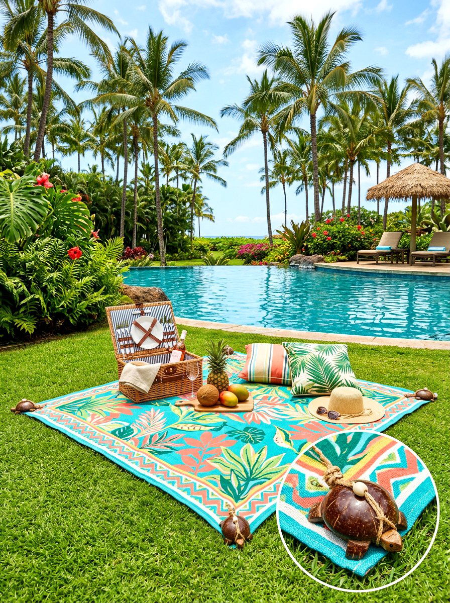 Tropical Picnic With Coconut Weights - 30 picnic blanket corner ideas