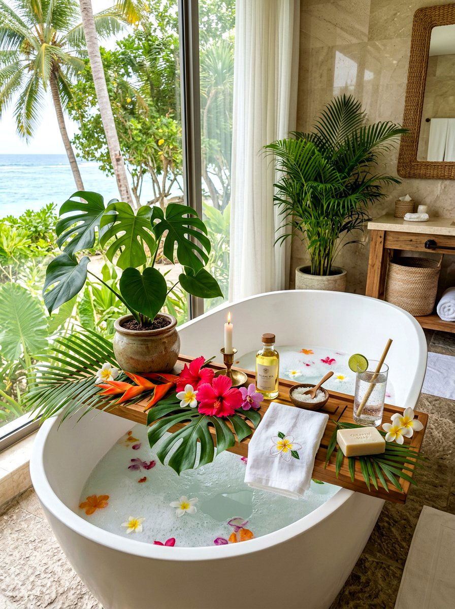 Tropical Plant Bath Tray - 30 bath tray styling ideas