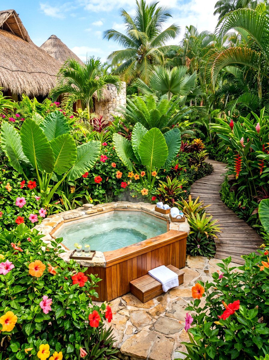 Tropical Plant Garden - 30 hot tub patio decor ideas aesthetic