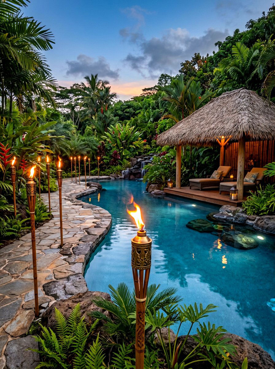 Tropical Pool Tiki Torches - 30 pool lighting ideas