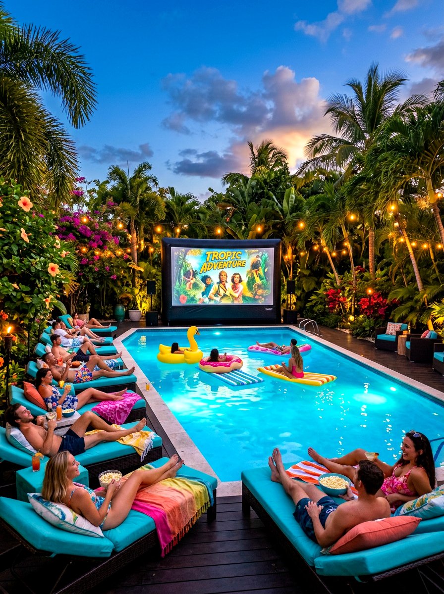 Tropical Poolside Cinema Layout - 30 outdoor movie patio ideas