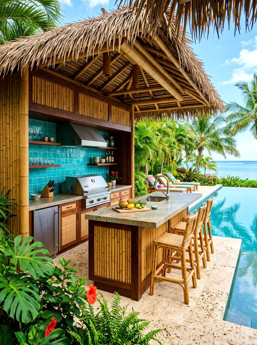 Tropical Poolside Outdoor Kitchen - 30 grill patio layout ideas