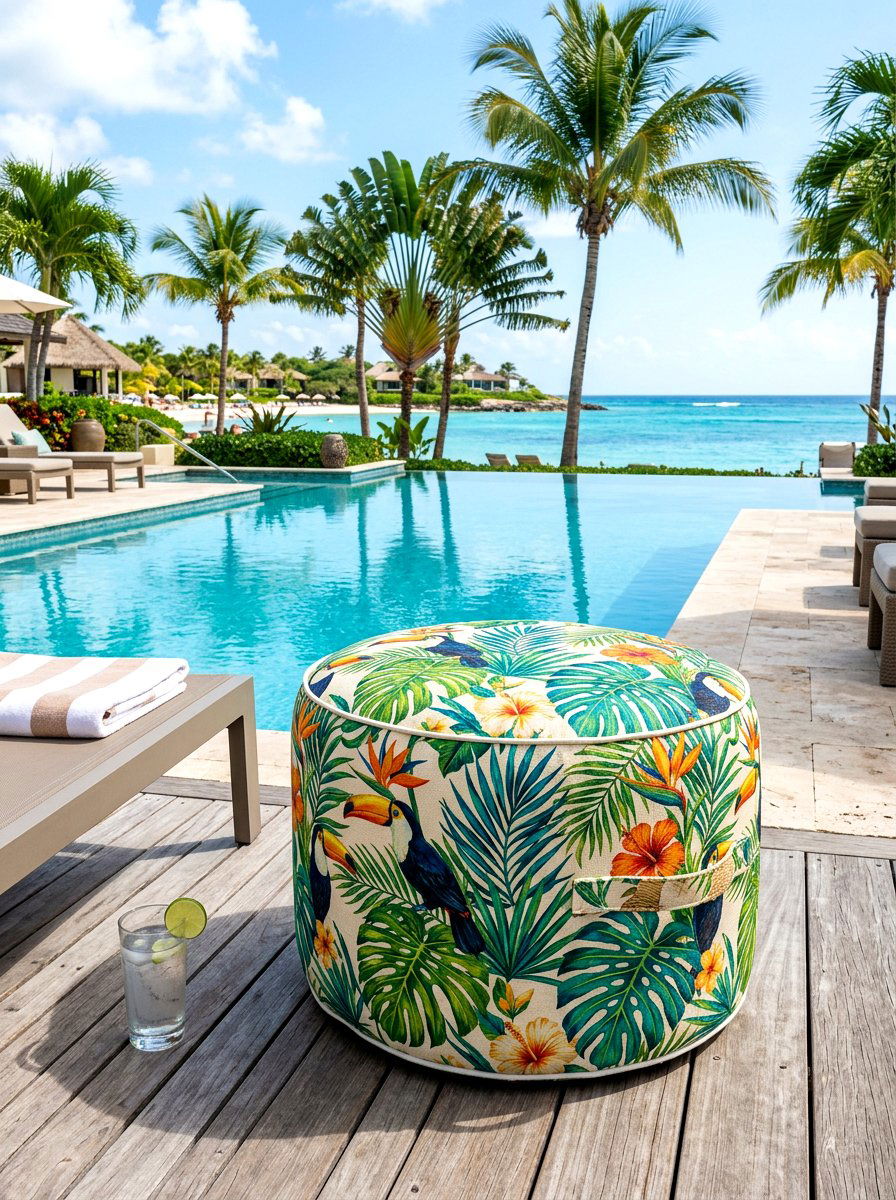 Tropical Print Patio Pouf - 30 outdoor pouf ideas