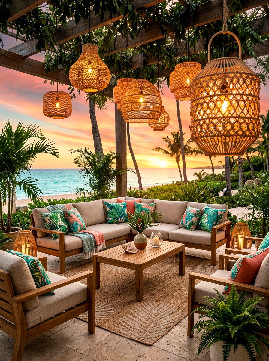 Tropical Rattan Lantern Lounge - 30 candle lantern patio ideas