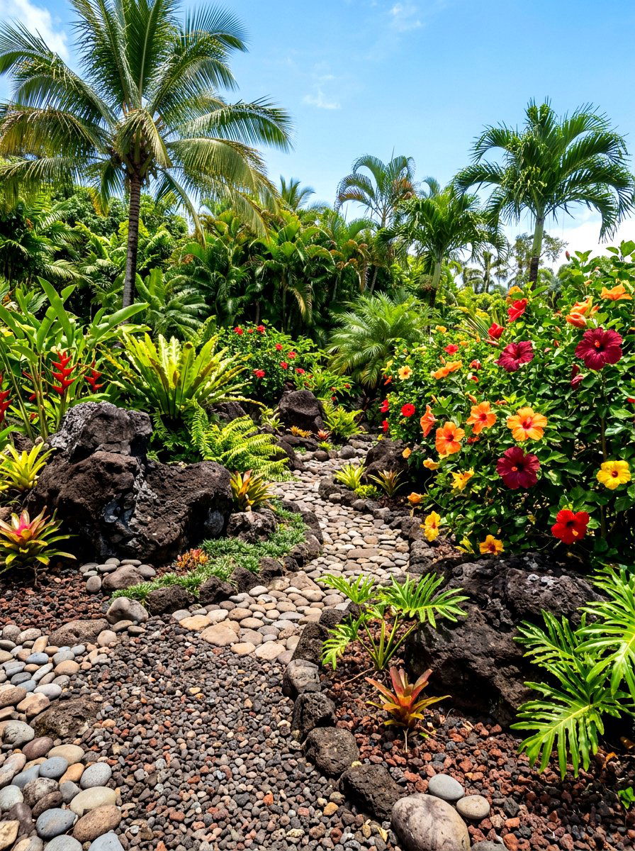 Tropical Rock Garden - 30 rock mulch front yard ideas
